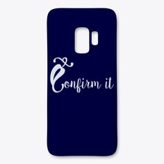 the back of a blue samsung phone case that says,'corfin it '