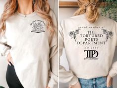 two pictures of a woman wearing a white sweatshirt with the words, the tortued posts department on it