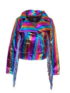 Do you want to shine brighter than the sun but are not a huge fan of sequins, look no further! This metallic, almost holographic leather moto provides all the personality and pizazz one could hope for! With fringe for days and a rainbow motif, this jacket pairs perfectly with any wardrobe and outfit! It is perfect for those breezy days and cooler nights! If you love the fabric, check out the matching leather rainbow shorts! This moto's interior lining is made 100% out of polyester and the exteri Short Sleeve Leather Jacket, 70s Outfits Ideas, Rainbow Jacket, Rainbow Shorts, Pastel Jacket, Purple Leather Jacket, Disco Costume, Colorful Wardrobe, Iron Woman