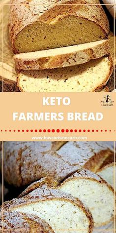 some bread that is cut up and sitting on a table with the words keto farmer's bread