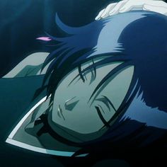 an anime character laying in the water with her head on top of another person's shoulder