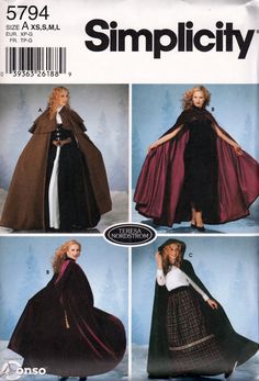 Three hooded cape styles to choose from. All sizes are included from XS, S, M, L. This would look great while riding on horseback:) This sewing pattern is out-of-print, new, factory folded, complete with instructions. Cloak Sewing Pattern, Dress Pattern Free, Cloak Pattern, Cape With Hood, Simplicity Patterns Vintage, Cape Pattern, Costume Sewing Patterns, Hooded Cape, Costume Patterns