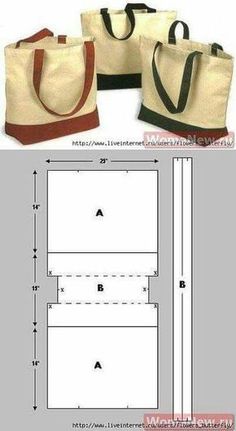 three tote bags are shown with the measurements for each bag and one is cut out