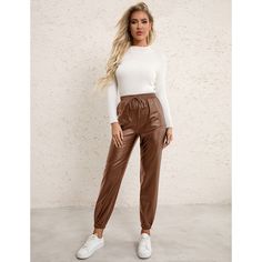 Brown Pu Elastic Waist Motorcycle Loose Leather Pants Casual Leather Trousers For Fall, Casual High-waisted Leather Pants For Fall, Casual Leather Pants With Elastic Waistband For Fall, Loose Leather Pants, Bottoms Pants, Leather Pants, Elastic Waist, Elastic, Pants