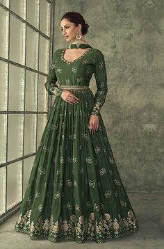 Dark Mehendi Green Designer Embroidered Viscose Silk Anarkali Suit-Saira's Boutique Green Colour Dress For Mehndi, Green Anarkali For Wedding, Mehendi Green Lehenga, Silk Anarkali Gown, Woven Embroidery, Green Anarkali, Silk Anarkali Suits, Silk Anarkali, Desi Outfits