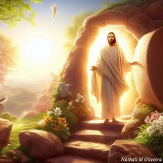 the jesus is standing in front of a cave with flowers and rocks on it, surrounded by birds