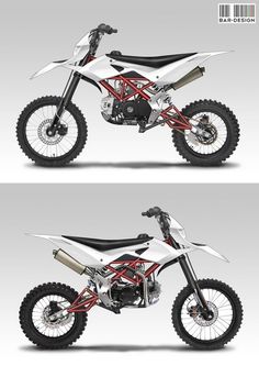 two different views of a dirt bike with red and white stripes on the front, back and side