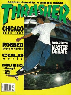 a man riding a skateboard on top of a magazine cover with the title thrasher down