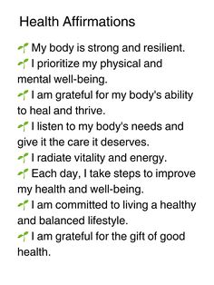 a poem written in green and white with the words health affirmations on it