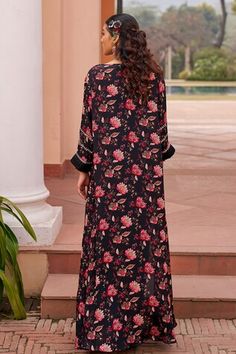 Black long jacket with all over floral print and placed sequin embellishments on sleeves. Comes with plain draped inner dress. - Aza Fashions Black Long Jacket, Open Jacket, Floral Jacket, Long Jacket, Draped Dress, Women Dresses, Aza Fashion, Dresses Maxi, Three Quarter