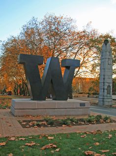 a large metal letter sitting on top of a lush green field next to a park