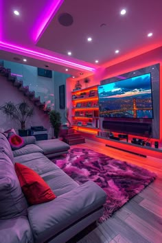 the living room is lit up with purple and red lighting, while the television has been turned on