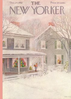 the new yorker magazine cover is displayed in front of a house with christmas wreaths