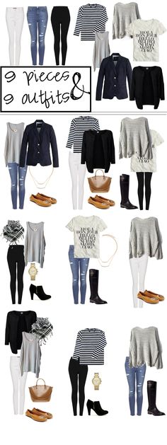 9 piece outfits - Google Search Signature Clothing Pieces, Minimalist Vacation Outfits, Paris Packing, Mini Wardrobe, Fall Travel Outfit, Pieces Outfits, Wardrobe Sets, Bohemian Mode