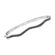 Ross-Simons - .10ct t. w. Black Diamond Wavy Bangle Bracelet in Silver. 7". Sparkling with dramatic .10 ct. t. w. round black diamonds, this wavy bangle bracelet is sure to stand out in a stack. Crafted in polished sterling silver. Black rhodium. Hinged with a figure 8 safety. Box clasp, black diamond wavy bangle bracelet. Diamond birthstones are the perfect gift for April birthdays. Safety Box, Bracelet Diamond, Diamond Birthstone, Diamond Bangles Bracelet, Fine Jewelery, Figure 8, Box Clasp, Diamond Bangle, Black Diamonds