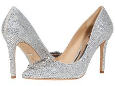 Badgley Mischka Cher II - Women's Shoes : Silver : Put the extra sparkle into any ensemble with the Badgley Mischka Cher II! This delicate heel is crafted with a textile upper, and features crystal embellishments and a stiletto heel. Ideal wedding shoe for the bride. Closed, pointed toe. Man-made lining. Lightly padded footbed. Wrapped heel. Leather sole. Imported. Weight of footwear is based on a single item, not a pair. Measurements: Heel Height: 4 in Weight: 10 oz Product measurements were ta Glamorous Wedding Shoes With 4-inch Heel For Gala, Crystal High Heels For Wedding, Bedazzled High Heel Wedding Heels, Bedazzled High Heels For Wedding, Glamorous Embellished Pointed Toe Wedding Shoes, Glamorous Embellished Closed Toe Wedding Shoes, Glamorous Glitter Wedding Shoes With Pointed Toe, Glamorous Embellished Closed-toe Wedding Shoes, Elegant Bedazzled Heels For Wedding