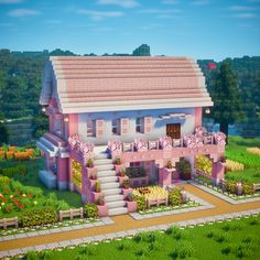 a small pink house in the middle of a lush green field with trees and flowers