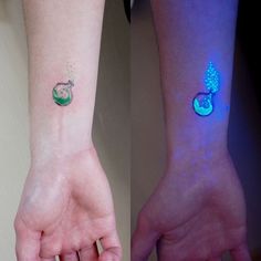 two people with matching tattoos on their wrists, one has a green apple and the other is a blue apple