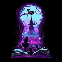 an open book with the silhouettes of disney and pooh on it in front of a castle