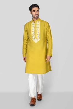 Bright green kurta with embellished 3D applique floral patterns on placket. Comes with pant. - Aza Fashions Spring Cotton Traditional Wear With Embroidered Border, Festive Cotton Sets With Tonal Embroidery, Multicolor Embroidered Kurta With Long Sleeves, Spring Festive Kurta With Tonal Embroidery, Traditional Kurta With Embroidery For Diwali, Traditional Embroidered Kurta For Diwali, Traditional Long Sleeve Wear With Embroidery, Traditional Kurta With Embroidery For Eid, Eid Cotton Kurta With Tonal Embroidery