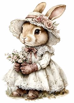 a painting of a rabbit dressed in a dress and hat with flowers on it's head