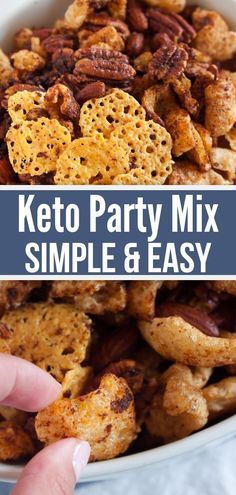 keto party mix in a white bowl with the title text overlay above it