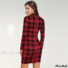 Olivia Mark - Stylish Plaid Long Sleeve Turtleneck Dress Plaid Fitted Long Sleeve Mini Dress, Fitted Plaid Long Sleeve Mini Dress, Fitted Plaid Mini Dress With Long Sleeves, Plaid Fitted V-neck Mini Dress, Fitted V-neck Plaid Mini Dress, Casual High Neck Bodycon Dress For Fall, Long Sleeve Turtleneck Dress, Basic Skirt, Grid Print