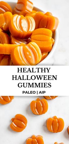 healthy halloween gummies in a white bowl with text overlay that reads, healthy halloween gummies pale aip