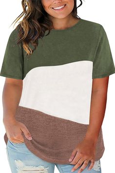 Green Plus Size Crew Neck Colorblock Tee Green Crew Neck T-shirt With Splicing, Green Short Sleeve Spliced Tops, Green Short Sleeve Tops With Splicing, Multicolor Crew Neck Top With Splicing, Multicolor Spliced Crew Neck Top, Green Cotton Tops With Splicing, Short Sleeve Patchwork Top In Contrasting Colors, Green Crew Neck Top With Contrast Color, Contrast Patchwork Short Sleeve Top