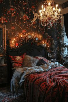 a bedroom decorated in black and red with lots of lights