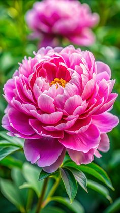 a large pink flower with green leaves in the foreground and two smaller flowers in the background