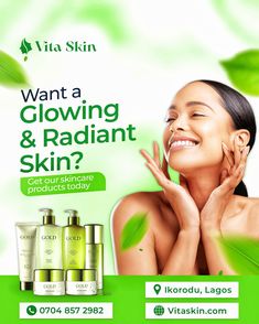 a woman with green leaves on her face and skin care products