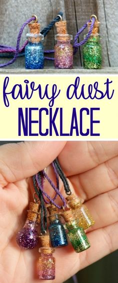 there is a hand that has some beads in it and the words fairy dust necklace