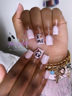 Short Acrylic Nails With Letter, Baddie Nails Ideas Short, Shorties Pink Acrylic Nails, Instagram Baddie Acrylic Nails Short, Pretty Acrylic Nails Short Square, Cute Short Acrylic Nails For Birthday, Kaws Valentines Nails, Libra Nails Design Short, I Heart Me Nails Design