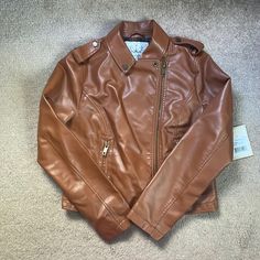 Purchased From Nordstrom Faux Leather Moto Jacket Size Large Nwt Color Cognac Brown Faux Leather Biker Jacket For Winter, Monochrome Faux Leather Biker Jacket For Fall, Trendy Brown Faux Leather Biker Jacket, White North Face Jacket, Animal Print Blazer, Plus Size Blazer, Olive Green Jacket, Cognac Color, Embellished Jacket