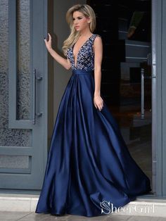 A-line V-neck Beaded Bodice Navy Blue Satin Long Prom Dresses APD3021-SheerGirl Evening Dress Long, V Neck Prom Dresses, Backless Prom Dresses, Beaded Bodice, فستان سهرة, A Line Prom Dresses, Satin Prom Dress, Reception Desk, Cara Delevingne