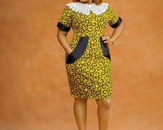 Ewa Dress with peterpan collar, is an hand made product. Made from the indigenous Africa Ankara print. Ankara Sleeve Styles, Ankara Dress Styles Short, Sotho Traditional Dresses, Bubu Gown, Peterpan Collar, Kitenge Dress, Ankara Gowns, Ankara Gown, Patch Dress