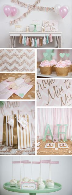 a pink and gold baby shower party with cupcakes, candy bars, cake