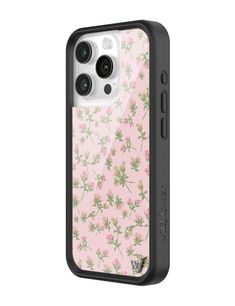 the back of an iphone case with pink and green flowers on it, in front of a white background