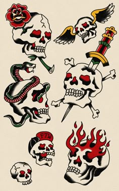 Tradition Skull Tattoo, Classic Skull Tattoo, Skull Traditional Tattoo Design, American Traditional Skulls, Traditional Skull Tattoo Old School, Traditional Skull Flash, Skull Flash Art, Skull Flash Sheet