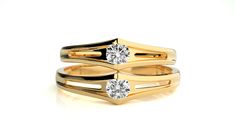 two gold wedding rings with diamonds on top and bottom, set against a white background