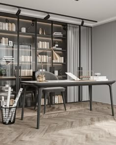 a room with a table, chairs and bookshelves in it's center