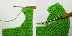 crochet stitches being used to make a green sweater