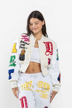 White Cotton Varsity Jacket With Patchwork, Spring Cotton Varsity Jacket With Patchwork, Spring White Patchwork Varsity Jacket, Fitted Cotton Varsity Jacket For Spring, Fitted Long Sleeve Patchwork Varsity Jacket, Fall Multicolor Outerwear With Patches, Multicolor Varsity Outerwear For Winter, Multicolor Long Sleeve Varsity Jacket For Fall, Multicolor Patchwork Varsity Jacket For Streetwear