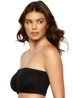 The ultimate comfort underwire bandeau bra that provides seamless strapless support and literally disappears under your clothes. This bra flatters your curves whilst honoring your natural shape. Product Details: Style: 275128 Unlined underwire bandeau Single ply, seamless design disappears under clothes 360 degree stretch for ultimate comfort Shirred cups and flexible knit allow for easy fit Cup sling provides light shaping support Anti-"uniboob" flexible stitched underwire Fabric Content: Smart Bra Size Calculator, Bra Measurements, Minimiser Bra, Lace Bandeau, Bandeau Bra, Unlined Bra, Racerback Bra, Support Bras, Underwire Bra