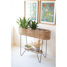 two plants are sitting on top of a wicker shelf in the corner of a room