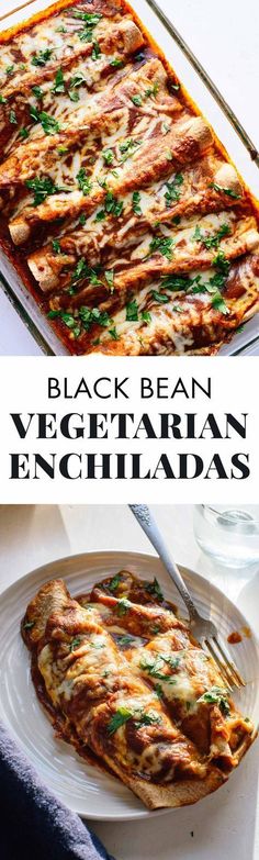 black bean vegetarian enchiladas on a white plate