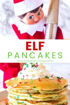 an elf is holding up a stack of pancakes with whipped cream and sprinkles