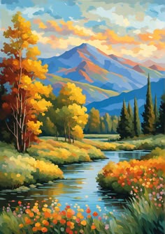 a painting of a river and mountains with flowers in the foreground, surrounded by trees