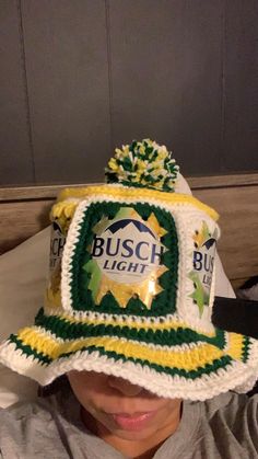 Home made crocheted 70s style beer can hat. I can make any color with any cans. These can be made with beer cans, energy drink cans, soda cans, etc. Once you order, please message type of can and colors of choice (up to 3 colors). Beer Can Hats Crochet Pattern, Crochet Beer Can Hat, Yellow Summer Crochet Bucket Hat, Yellow Crochet Bucket Hat, Crochet Coozies Beer, Beer Can Hat, Beer Cans, Summer Sports, 70s Style